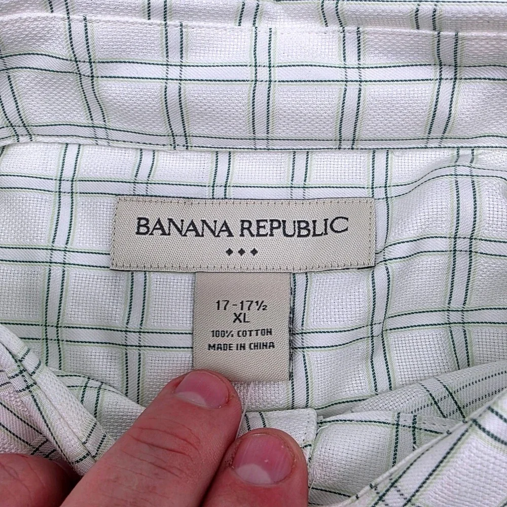 Banana Republic Mens‎ XL Green White Windowpane Cotton Button Down Shirt